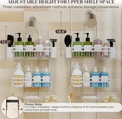 Shower Caddy Hanging for Bathroom Organizers and Storage, Adjustable Anti-Swing Shower Organizer for Wall-Mounted Showerhead with Heavy-Duty Suction Cups, Damage-Free Rustproof (White)