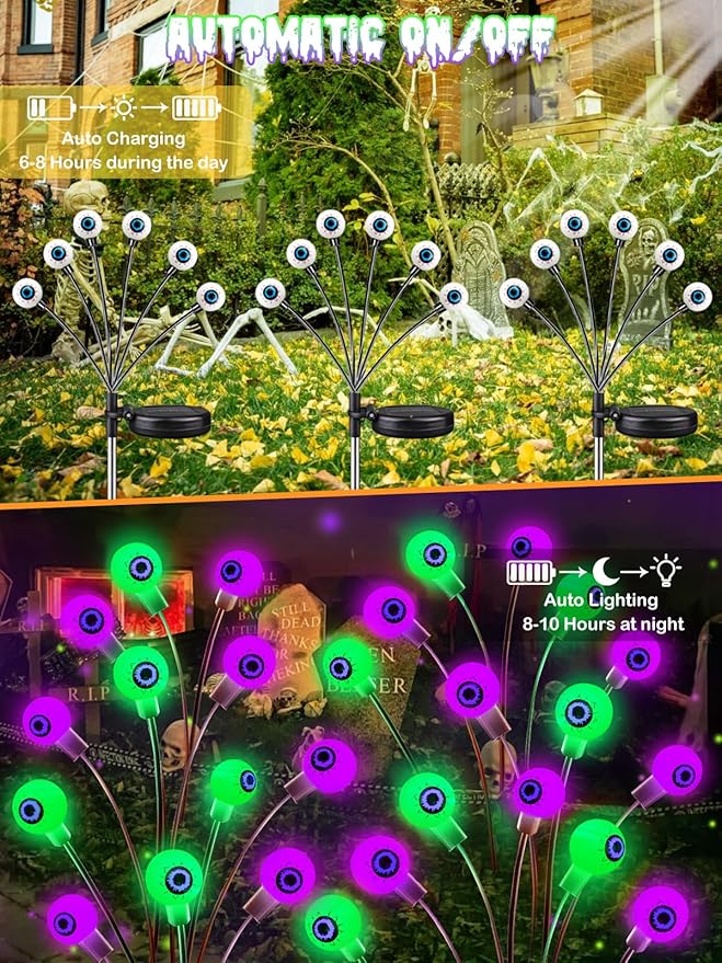 6 Pack Halloween Decorations Outdoor Solar Eyeball Lights, Purple and Green Scary Eyeball Swaying Firefly Lights with 2 Modes, Waterproof Halloween Pathway Lights for Yard Garden Lawn Party Decor