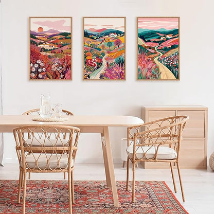HLNIUC Boho Colorful Wall Art, Floral Mountain Framed Decor(16"x24"), Abstract Wildflower Nature 3 Piece Canvas Painting, Botanical Sunset Forest Art Print for Living Room, Bedroom, Office