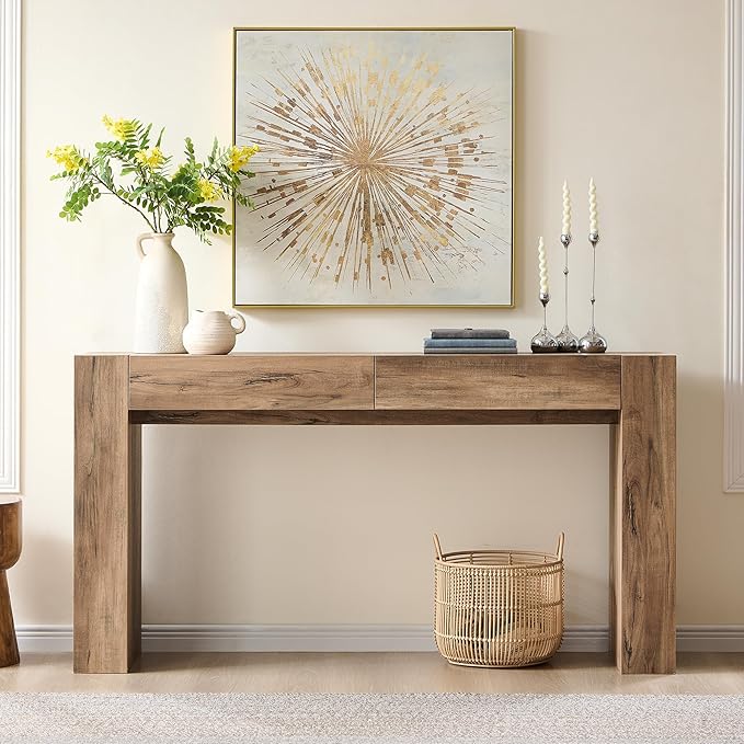 OKD Modern Entryway Console Table, Sofa Table with Drawers, 63" Long Hall Table Behind Couch, Thick Wood Design for Living Room, Hallway - Rustic Oak
