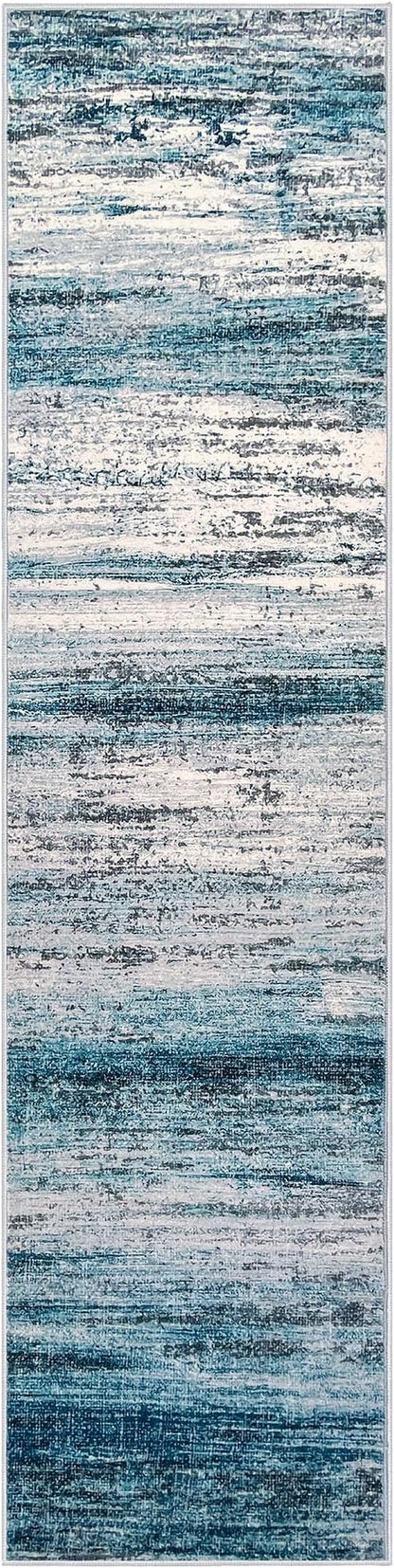KOZYFLY Modern Abstract Hallway Runner Rug, 2.6x10 Washable Rug Runner Non-Slip Soft Striped Kitchen Runner Rugs, Print Blue Carpet Runner for Entryway Bathroom Laundry Room Foyer