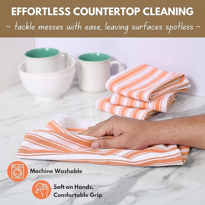 Native Fab Orange Kitchen Towels - 12 Pack - 16x26 inches - Basket Weave Stripe Towels with Hanging Loop, Absorbent Cotton Towel for Cleaning, Drying Dishes, Washable Dish Cloths Set- Orange