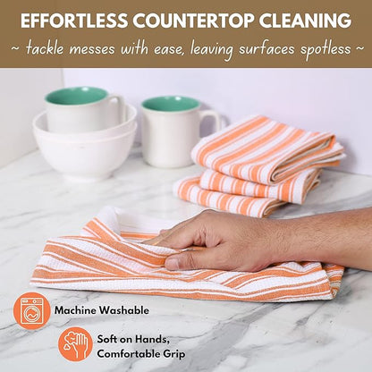 Native Fab Stripe Kitchen Towels - 4 Pack - Basket Weave 100% Cotton Dish Towel - 16x26 inches - Absorbent Towels for Cleaning, Quick Drying, Washable Dish Cloths with Hanging Loop - Orange White
