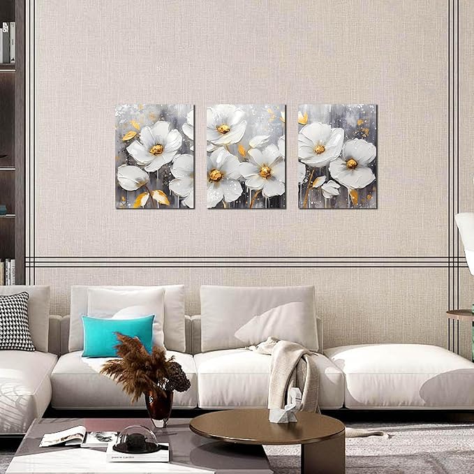 White Flowers Wall Art for Bedroom - Modern Canvas Wall Art for Office - 3 Piece Wall Art for Living Room 12" x 16"