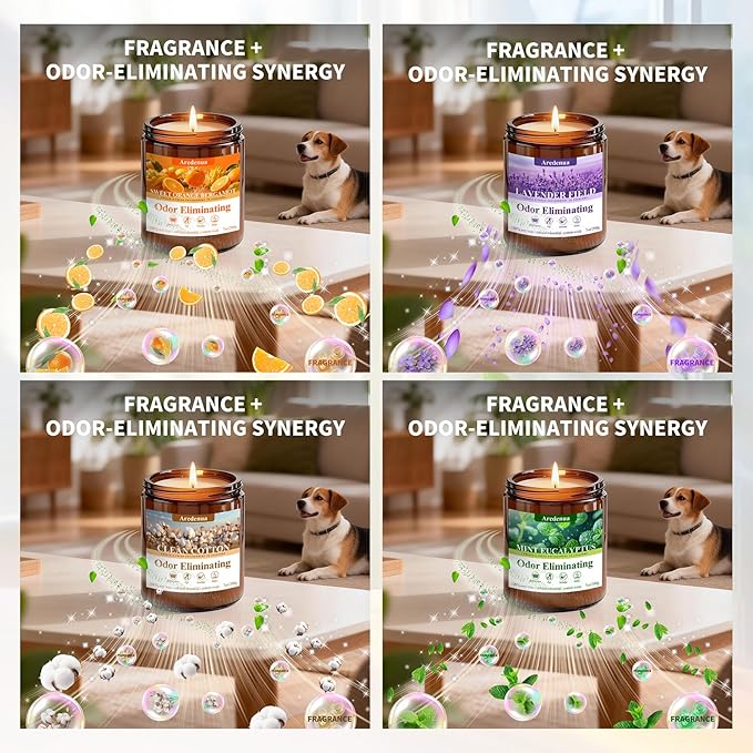 4 Pack Odor Eliminating Candles Set - Eliminates 95% of Pet, Smoke, Food & Other Smells - Hand Poured Non-Toxic Soy Candle, Air Freshing Scent of Lavender/Orange/Mint/Cotton - Gifts Set for Women