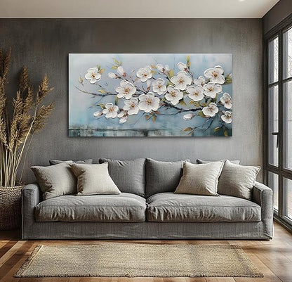 Anolyfi White Textured Flowers Wall Art for Living Room Canvas Painting, Modern Elegant Landscape Wall Art for Dining Room Bedroom Hallway Kitchen Office Home 48"x24"