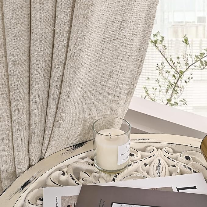 YoungsTex Natural Linen Curtains 48 Inch Length for Kitchen Window, Short Semi Sheer Drapes with Rod Pocket Back Tab Light Filtering for Cafe Bathroom Windows, 2 Panels, 30 X 48 Inch