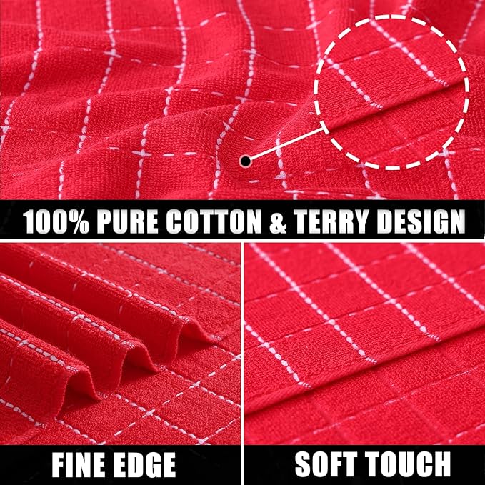 Mordimy 100% Cotton Terry Cloth Dish Cloths, Soft and Absorbent Checkered Dish Towels, Quick Drying Dish Rags for Washing Dishes, 8 Pack, 12 x 12 Inches, Red