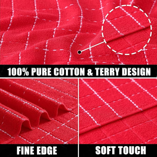 Mordimy 100% Cotton Terry Cloth Dish Cloths, Soft and Absorbent Checkered Dish Towels, Quick Drying Dish Rags for Washing Dishes, 8 Pack, 12 x 12 Inches, Red