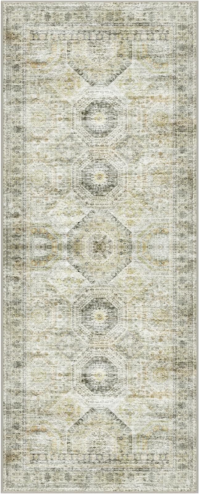 2x5 Rug Runner Washable for Entryway, Soft Bathroom Rugs with Non-Slip Backing, Abstract Low Pile Hallway Runner, Vintage Small Kitchen Carpet for Stair, Laundry Room(2'x5', Grey/Yellow)