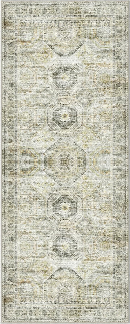 2x5 Rug Runner Washable for Entryway, Soft Bathroom Rugs with Non-Slip Backing, Abstract Low Pile Hallway Runner, Vintage Small Kitchen Carpet for Stair, Laundry Room(2'x5', Grey/Yellow)