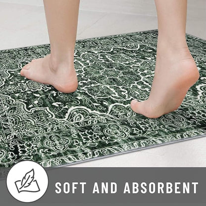 KUTA Vintage Small Area Rug 2x3 Dark Green Washable Entryway Rugs Non-Slip Ultra Soft Printed Floral Rug Doormat Accent Farmhouse Kitchen Throw for Entrance Bedroom Nursery