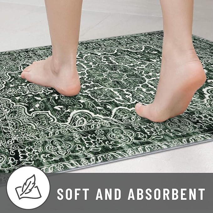 KUTA Runners for Hallways 2x6 Dark Green, Vintage Floral Rug Non-Slip Washable Kitchen Rugs Printed Retro Distressed Flower Carpet Entryway Rugs for Bedroom Laundry Nursery