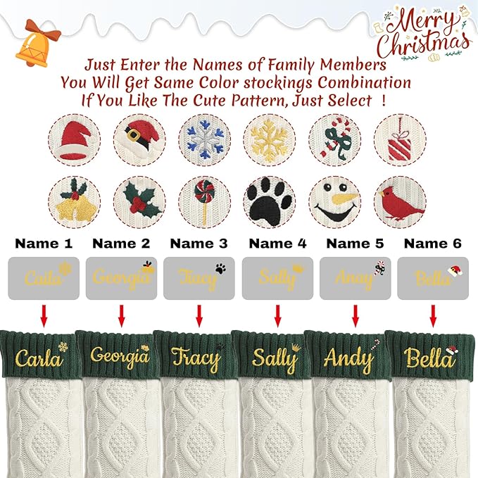 Personalized Christmas Stockings,Custom Embroidered Name+Logo Xmas Knitted Stockings 18'',Holiday and Family Stocking for Fireplace Christmas Holiday Party Decoration 1-6Pack（White Green）