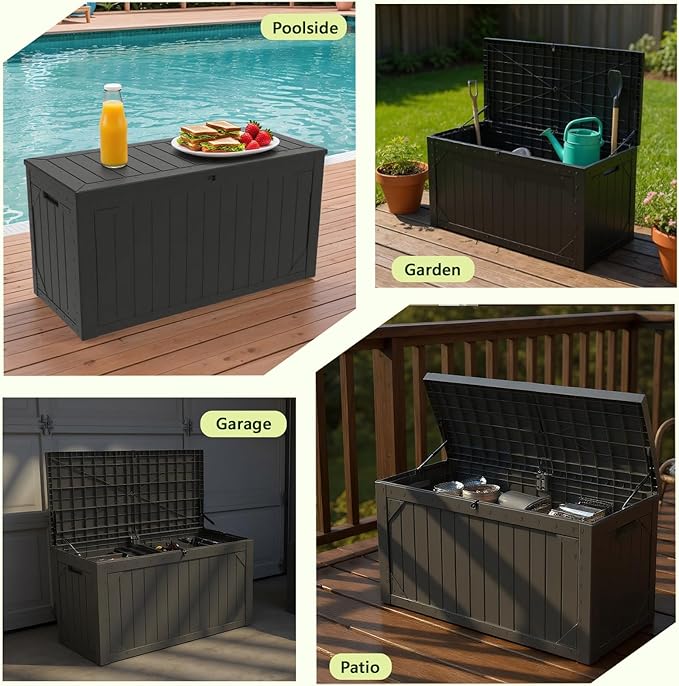 100 Gallon Outdoor Storage Box Waterproof,Resin Deck Box Storage Bin for Cushion Patio Furniture, Pool Accessories, and Garden Tools, Lockable & UV-Resistant, Black
