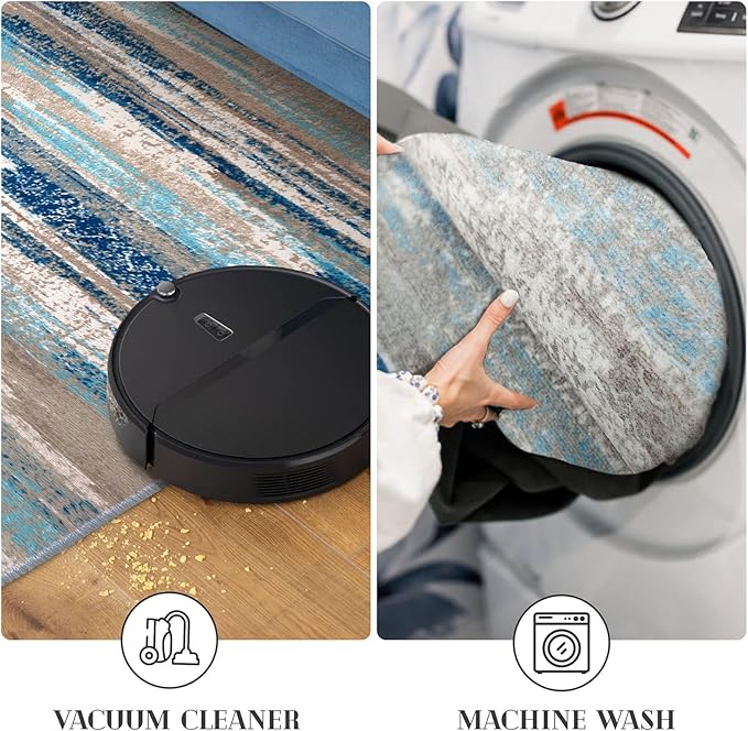 Modern Abstract Kitchen Rug Set of 2, 2x3 and 2x5 Blue Washable Rug Runner Non Slip Kitchen Mat, Soft Faux Wool Throw Carpet for Entryway, Hallway, Bedroom, Bedside, Laundry Room, Office