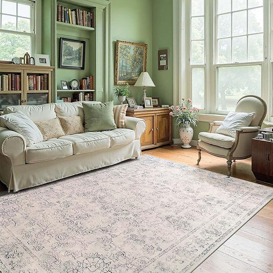 jinchan 5x7 Ivory Area Rugs for Living Room – Machine Washable Vintage Floral Soft Stain Resistant Low Pile Rug,Non Slip Ultra-Thin Carpet for Bedroom,Dining Room,Home Office,Nursery (5'x7',Ivory)