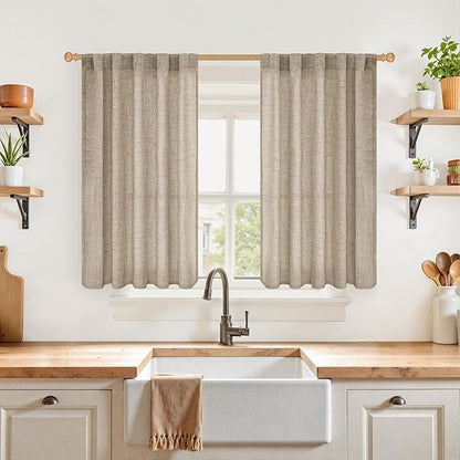YoungsTex Dark Oatmeal Linen Curtains 40 Inch Length for Kitchen Window, Short Semi Sheer Drapes Burlap Textured Light Filtering with Rod Pocket Back Tab for Cafe Bathroom, 2 Panels, 42 X 40 Inch