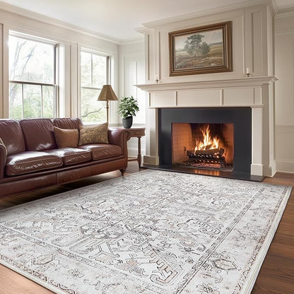 jinchan 6x9 Machine Washable Area Rugs for Living Room - Vintage Floral Stain Resistant Low Pile Ultra-Thin Non Slip Accent Rug for Bedroom Kitchen Dining Room Home Office (6x9ft,Taupe)