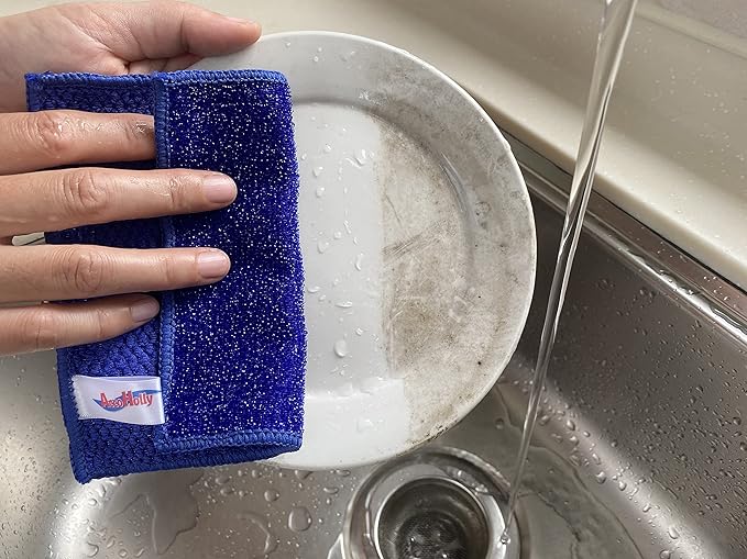 12 Pack Microfiber Scrub Dish Cleaning Cloth, Non-Scratch, Reusable & Durable for Pan Pot Dish Cooktop Stovetop Counter Kitchen Household, Machine Washable, 6 x 6 Inch, Orange, Blue & Green Assorted