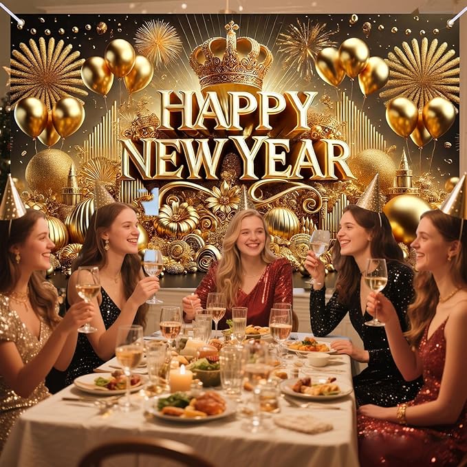 Nuxovilar Happy New Year Banner, Golden Snowflakes Glittery Backdrop for Party Decorations, 71x43 Inch