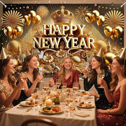 Nuxovilar Happy New Year Banner, Golden Snowflakes Glittery Backdrop for Party Decorations, 71x43 Inch