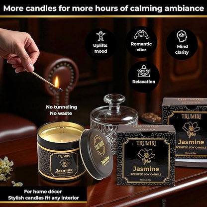 Jasmine Candle Strong Scented Soy Candel Clean Non Toxic Velas Aromáticas for Women Gift for Diwali Pack of 3 5Oz Decorative Tin Jars with Lids