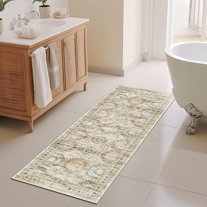 Long Bathroom Rugs Runner - Washable Runner Rugs for Hallway 2x10, Ultra-Thin Soft Kitchen Carpet Runner, Anti Slip Backing Runner Rugs for Entrance, Bedroom, Living Room(2'x10', Brown/Pink)