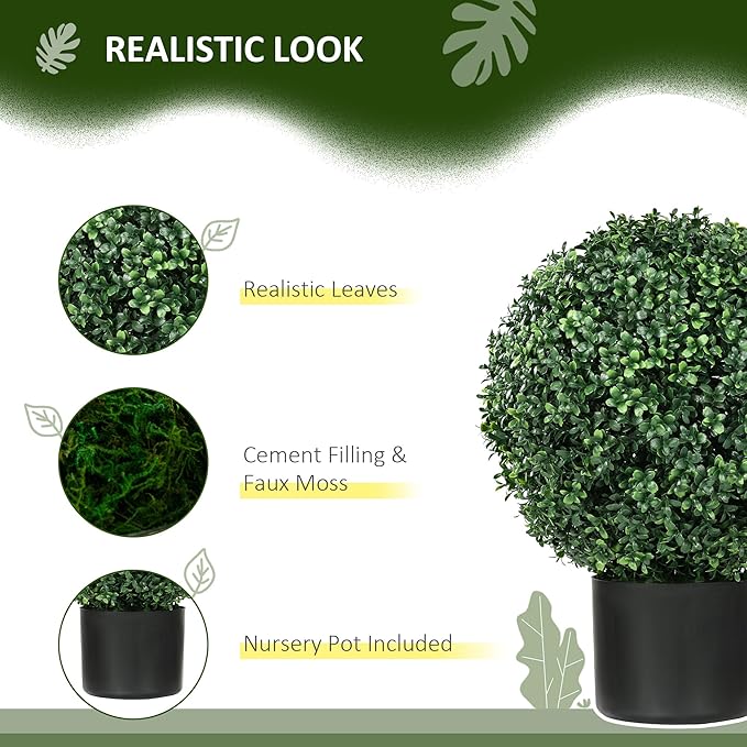 HOMCOM Set of 2 20.5" Artificial Ball Boxwood Topiary Trees with Pot, Indoor Outdoor Fake Plants for Home Office & Living Room Decor