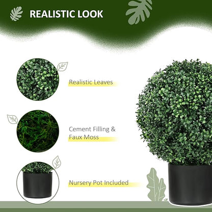 HOMCOM Set of 2 20.5" Artificial Ball Boxwood Topiary Trees with Pot, Indoor Outdoor Fake Plants for Home Office & Living Room Decor