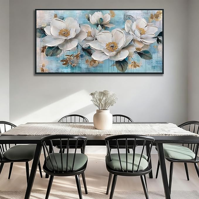 Ardemy White Floral Wall Art, Framed Teal Canvas Wall Art For Living Room Large Magnolia Pictures Wall Decor Flower Paintings Artwork for Walls Dining Room Bedroom Home Office 48"x24"