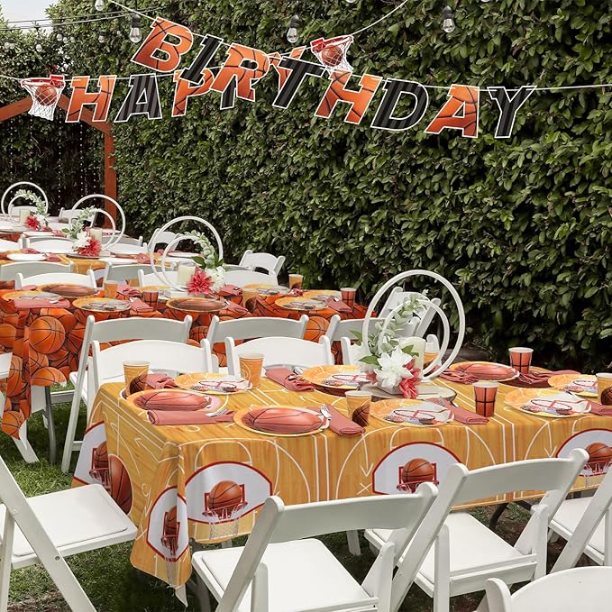 Gatherfun Basketball Party Supplies Kit for 24 - Basketball Party Decorations with Dinner & Dessert Plates, Napkins, Cups, Banner & Tablecloth - for Basketball Birthday & Sports Party Decorations