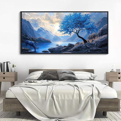HKDGOKA Large Framed Canvas Wall Art, Blue Tree Mountains Landscape Paintings Artwork, Lake Stone Deer Abstract Modern Wall Picture for Living Room Bedroom Kitchen Farmhouse Home Decor 29x58 IN
