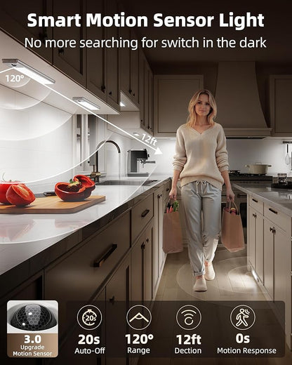 EZVALO 3 Pack Under Cabinet Lighting, 2400mAh Rechargeable Motion Sensor Light, 10inch Magnetic Closet Lights with Dimmable & 3 Color Temps, Wireless Motion Activated Lights with Remote for Kitchen