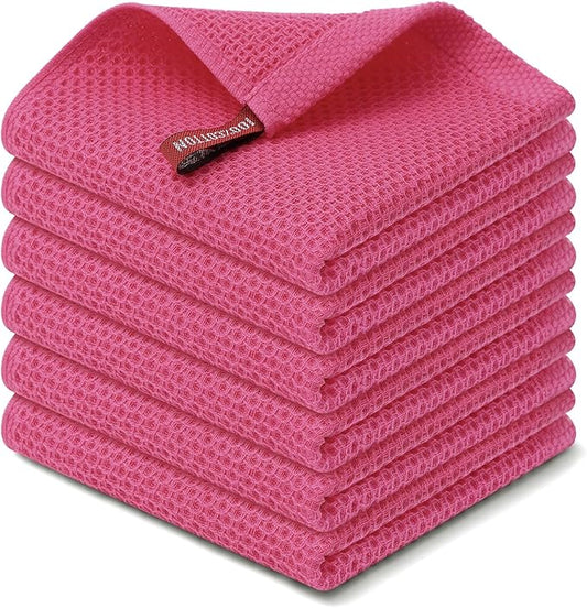 Kitinjoy 100% Cotton Kitchen Dish Cloths, 6 Pack Waffle Weave Ultra Soft Absorbent Dish Towels for Drying Dishes Quick Drying Kitchen Towels Dish Rags, 12 X 12 Inches, Hot Pink