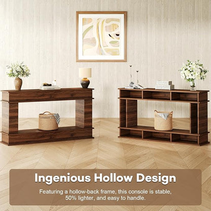 63 Inches Large Console Table, 2-Tier Entryway Table, Narrow Long Sofa Table Behind Couch, Bamboo-like Design, Heavy Duty Base, Farmhouse Wood Accent Decor for Living Room, Hallway, Foyer (Walnut)