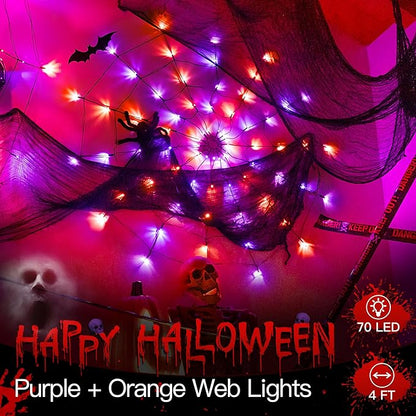 Ollny Spider Web Decoration 4FT 70 LED, Orange and Purple Halloween Lights with Black Spider Battery Powered 8 Modes Timer, Waterproof Cobweb String Light for Outdoor Indoor House Yard Party