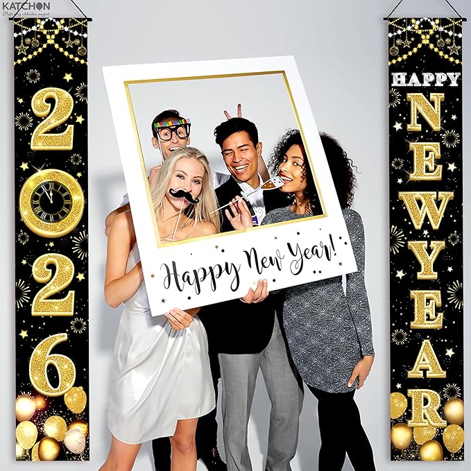 KatchOn XtraLarge 2026 Happy New Year Banner – 72x12 Inch | Black and Gold Happy New Year Door Banner for New Years Decorations 2026 | Porch Banner for New Years Eve Party Supplies 2026 | NYE Decor