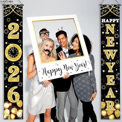 KatchOn XtraLarge 2026 Happy New Year Banner – 72x12 Inch | Black and Gold Happy New Year Door Banner for New Years Decorations 2026 | Porch Banner for New Years Eve Party Supplies 2026 | NYE Decor