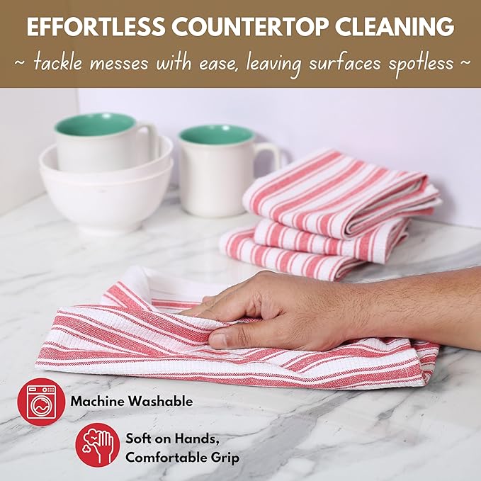 Native Fab Stripe Kitchen Towels - 100% Cotton - 12 Pack - 16"x26" - Basket Weave Striped Tea Towels, Dish Cloths for Drying Dishes, Absorbent, Quick Dry Towels Set with Hanging Loop - Red White
