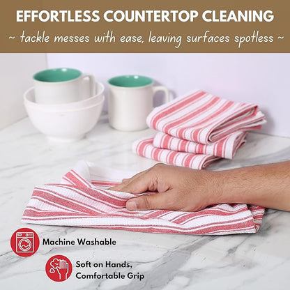 Native Fab Stripe Kitchen Towels - 100% Cotton - 12 Pack - 16"x26" - Basket Weave Striped Tea Towels, Dish Cloths for Drying Dishes, Absorbent, Quick Dry Towels Set with Hanging Loop - Red White