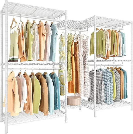 Raybee Clothing Rack for Hanging Clothes,Heavy Duty Clothes Rack with Shelves,Portable Closet,Adjustable,Metal,Max Load 900lbs,White