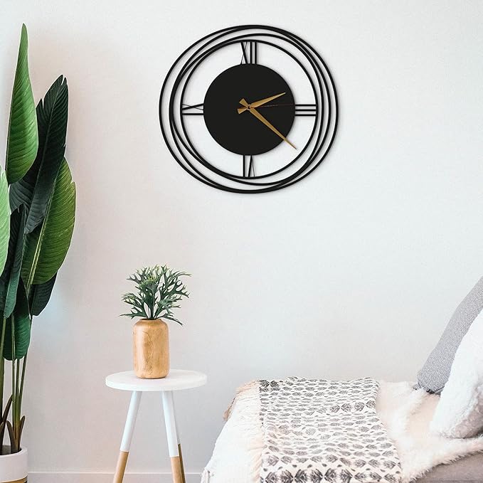 Circular Harmony Wall Clock – 14 Inch Compact, Silent Non-Ticking Quartz, Black Metal Minimalist Clock for Kitchen, Bedroom, Office