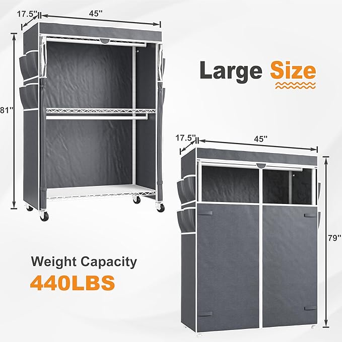 Raybee Heavy Duty Clothes Rack with Cover, 81" H Clothing Racks for Hanging Clothes, Portable Closet with Wheels and Adjustable Feet, Max Load 440LBS, White
