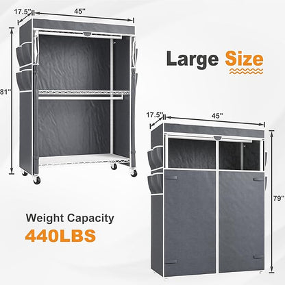 Raybee Heavy Duty Clothes Rack with Cover, 81" H Clothing Racks for Hanging Clothes, Portable Closet with Wheels and Adjustable Feet, Max Load 440LBS, White
