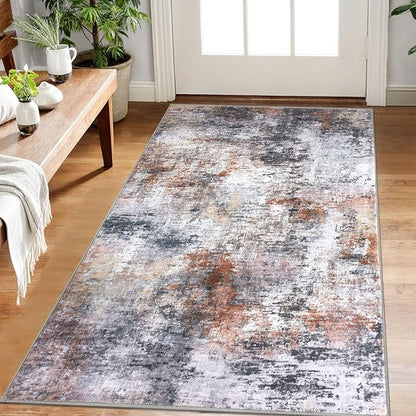 Modern Abstract Small Area Rug Indoor, Grey Orange Multi 3x5 Washable Rug Non-Slip Soft Entryway Rug Kitchen Mats Thin Print Faux Wool Floor Carpet Colorful Throw Rugs for Entrance Bedroom