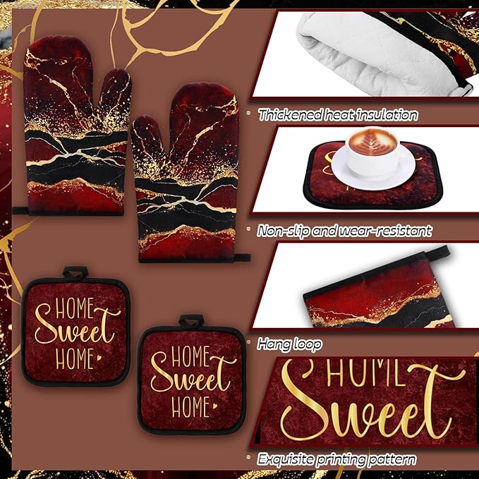 10 Pcs Christmas Marble Farmhouse Kitchen Decor Accessories Set Marble Kitchen Dish Towels Rugs Oven Mitts and Pot Holders Sets for Cooking Baking Daughter Mom Gift(Red)