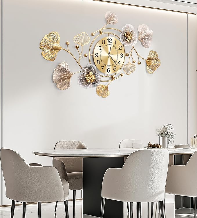 Clocks for Living Room, Large Wall Clock, Silent Wall Clock, Retro Metal Ginkgo Leaf Design, for Bedroom Kitchen Decorative Wall Clocks（47''x23'' ）