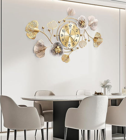 Clocks for Living Room, Large Wall Clock, Silent Wall Clock, Retro Metal Ginkgo Leaf Design, for Bedroom Kitchen Decorative Wall Clocks（47''x23'' ）