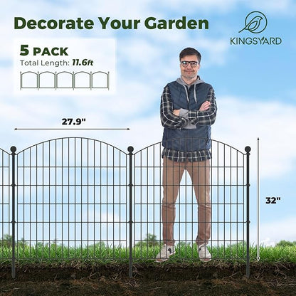Kingsyard 32in(H) x11.6ft(L) No Dig Garden Fence Animal Barrier with Gate, 5 Panels Outdoor Dog Fences for Yard Patio, Rustproof Metal Garden Fencing for Rabbits, Temporary Fencing Stakes